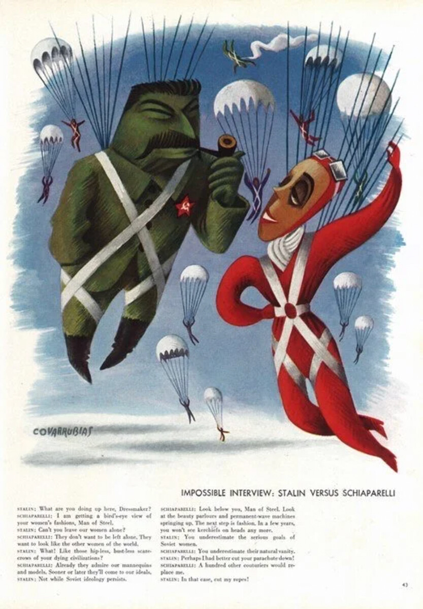 Illustrazione di Miguel Covarrubias a “Stalin vs Schiaparelli”, articolo della serie “Intervista impossibile” su “Vanity Fair”