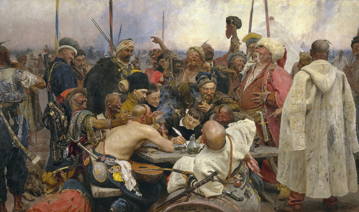 “I cosacchi dello Zaporozhje scrivono una lettera al sultano Mehmed IV di Turchia”, dipinto di Ilja Repin del 1880-1891
