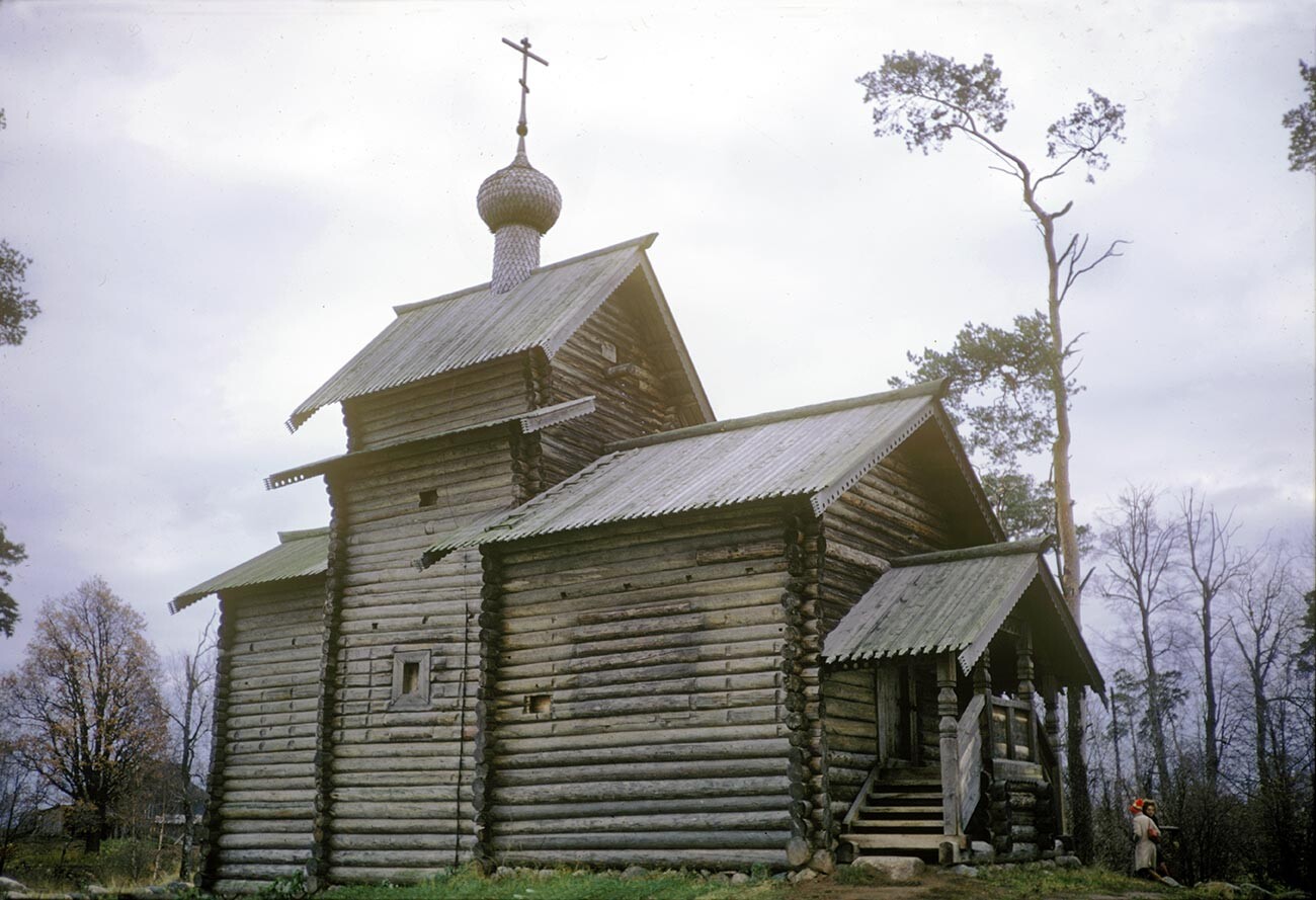 Vitoslavlitsy. Church of St. Nicholas from the village of Tukholya. Northwest view. October 21, 1971