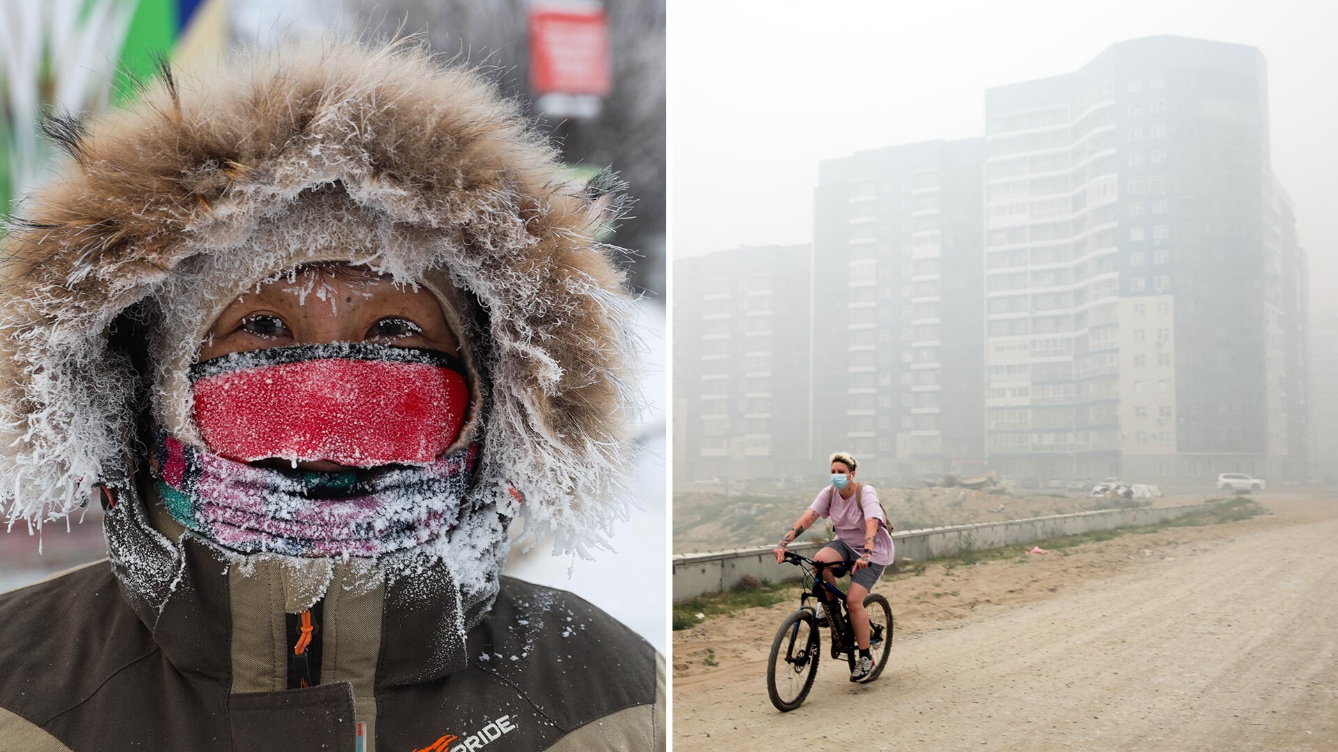 Ein Mann auf einer Straße in der Stadt. Am 22. November wurden in Jakutien Fröste von bis zu minus 45 Grad gemessen. // Rauch von Waldbränden in Jakutsk.