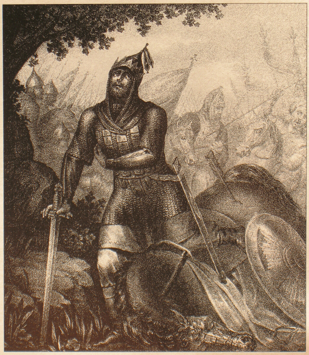 Dimitri Donskoï blessé lors de la bataille contre Mamaï, sur le champ de Koulikovo. Gravure du XIXe siècle. Boris Tchorikov