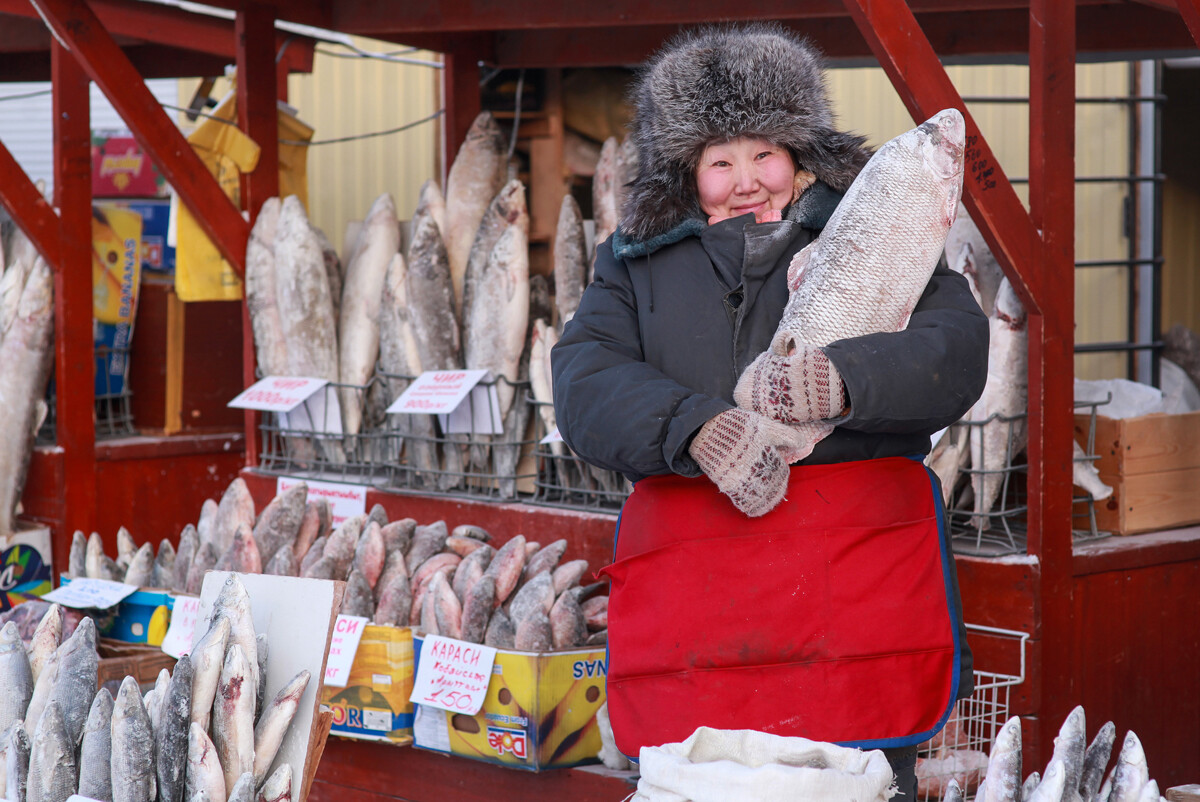 A market in Yakutsk, where they sell fish. It's about minus 30 C outside.
