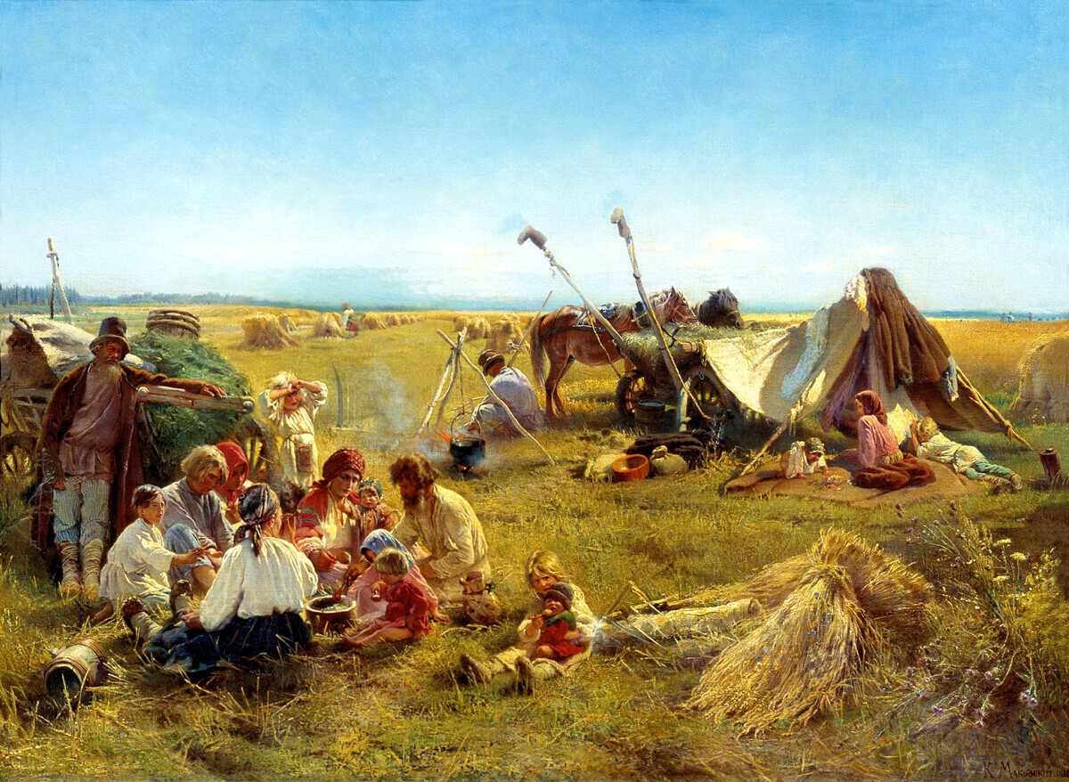 Almoço de aldeões no campo, de Konstantin Makovski, 1871

