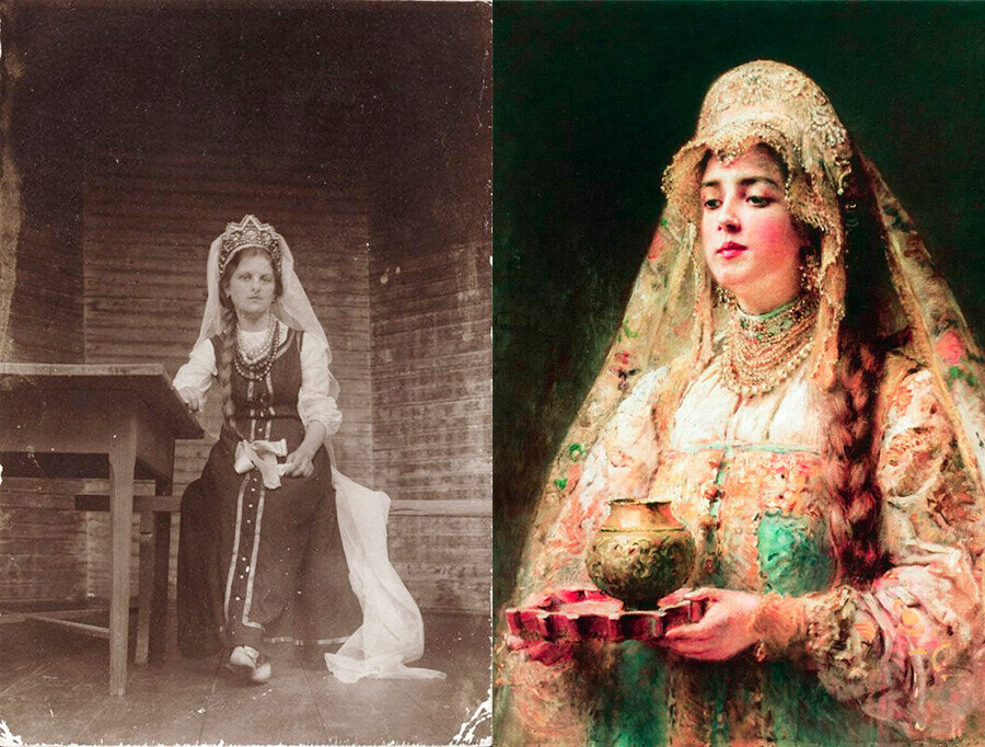Seorang wanita dalam gaun Rusia; Konstantin Makovsky. Secangkir madu, 1890-an.