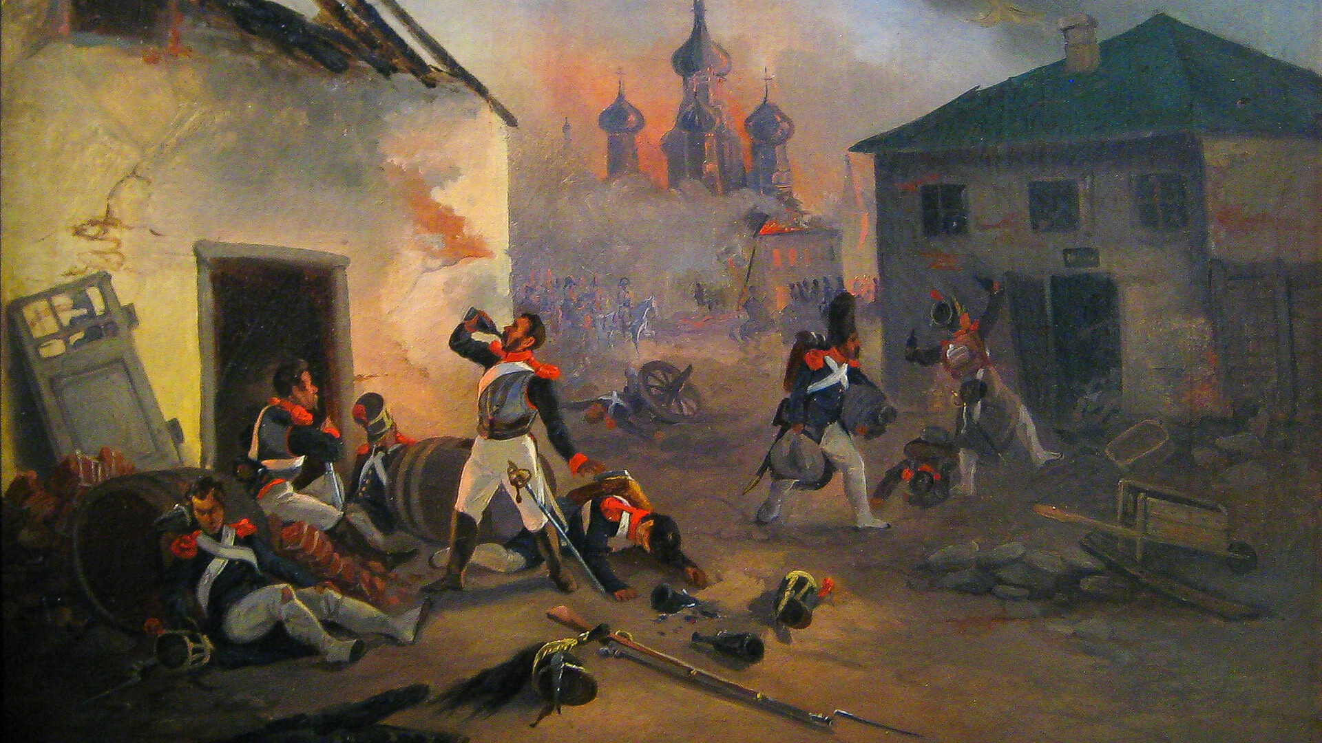 Incendio en Moscú (1812) Soldados franceses borrachos 