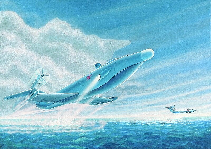 Илустрација на екраноплан од класата „Орлан“ од 1980-тите.

