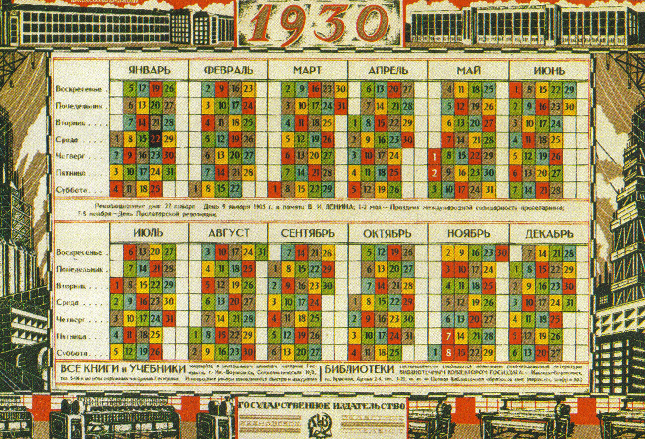 Kalender Soviet tahun 1930 dengan 'minggu-minggu produksi berkelanjutan' 5 hari