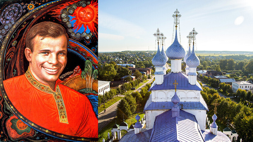 Yury Gagarin en el estilo tradicional de Pálej y la vista de la iglesia principal de Pálej con cúpulas violetas. 
