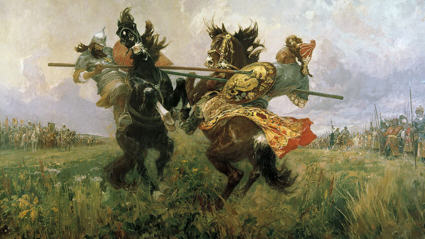 Peresvet fighting Chelubey in the Kulikovo Battle, by Mikhail Avilov