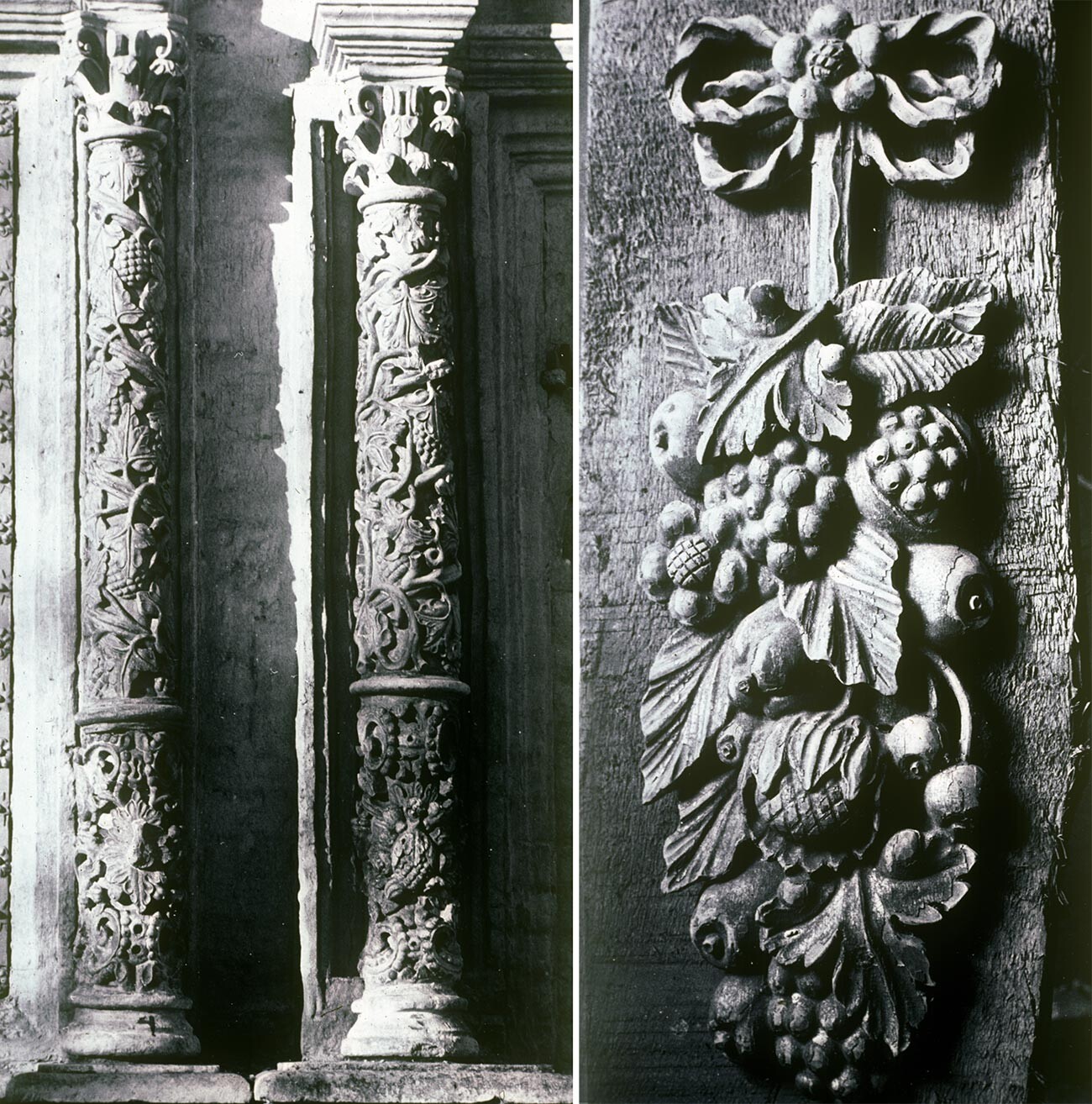 À gauche : Église de la Trinité, le 29 septembre 1979. Façade sud, colonnes en calcaire sculpté de motifs de vigne / à droite : rare fragment d'ornement original en bois sculpté à motif de vigne symbolisant l'Eucharistie, le 2 mai 1980