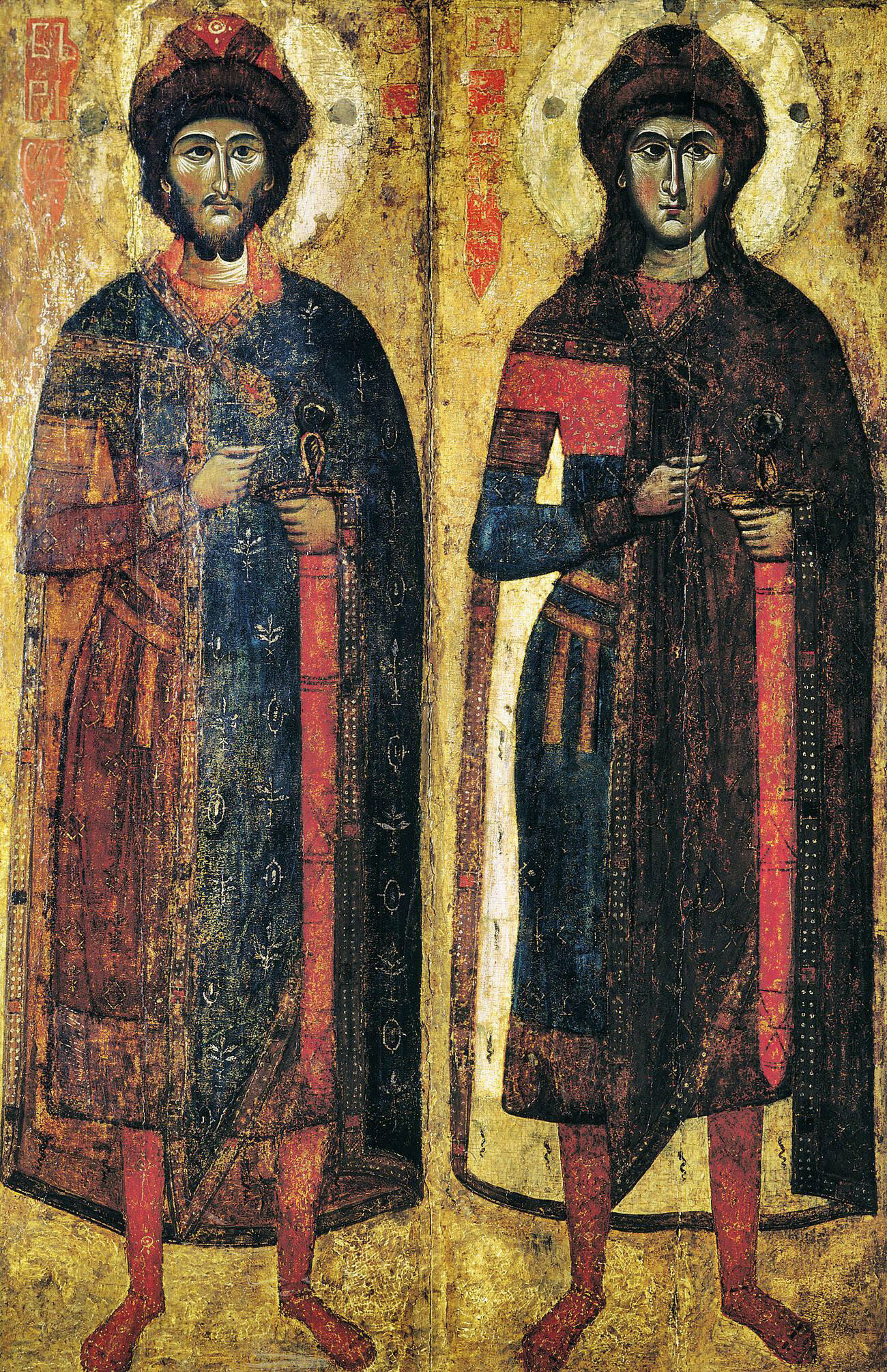 L'une des plus anciennes icônes de Russie, représentant les saints Boris et Gleb, trouvée à Novgorod, mais probablement réalisée à Tver au XIVe siècle