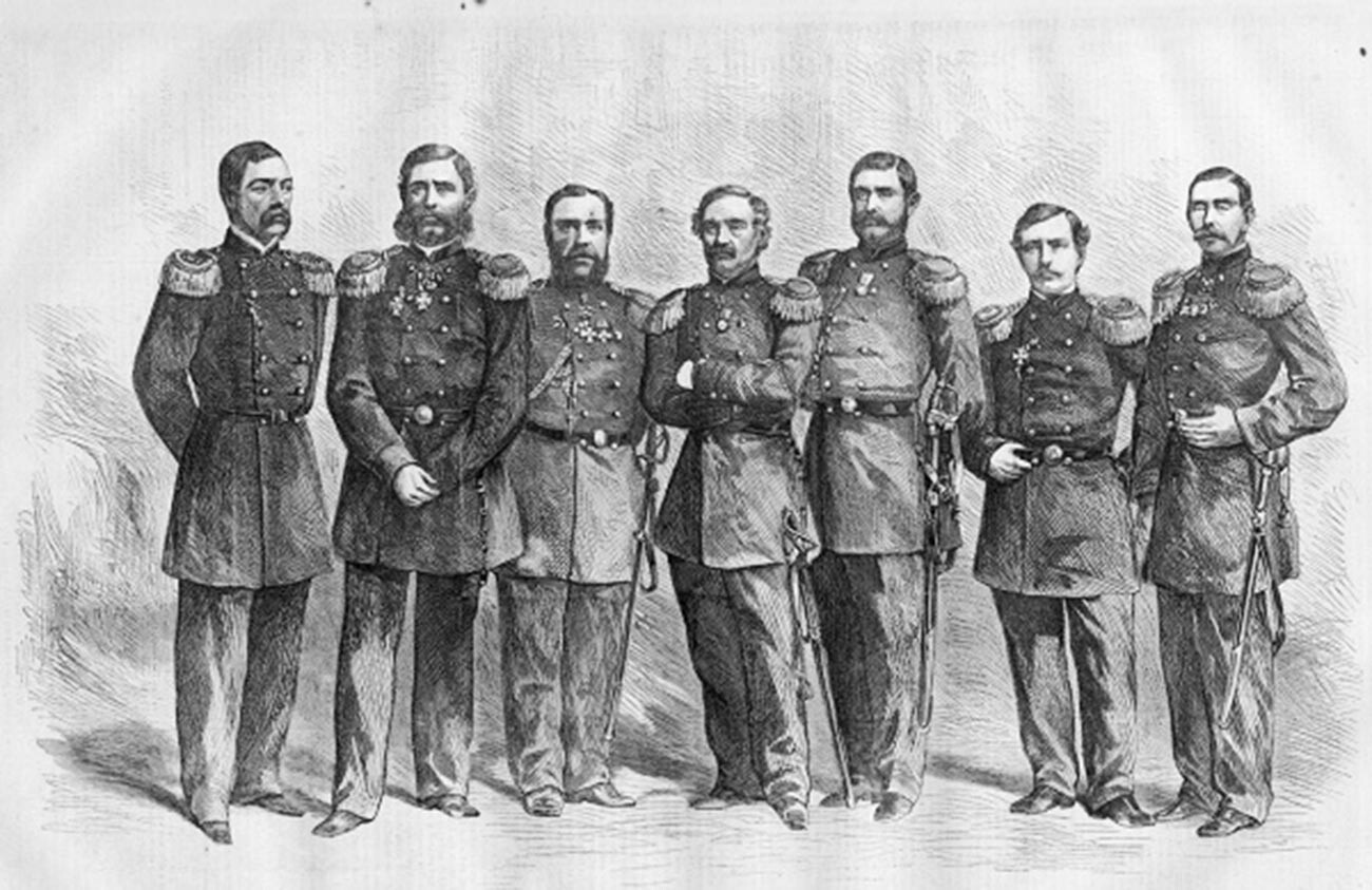 The captains of the expedition, L to R: Pavel Zelenoy, Ivan Butakov, Mikhail Fedorovsky, Rear Admiral Stepan Lessovsky (squadron commander), Nikolay Kopytov, Oscar Kremer, Robert Lund.