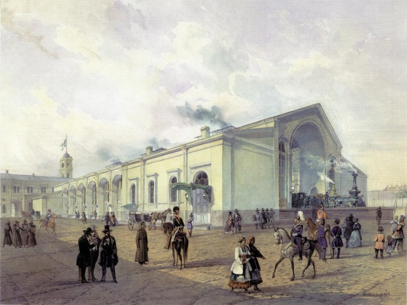 Na akvareli je upodobljen debarkader Nikolajevskega vokzala v Sankt Peterburgu na Peterburško-Moskovske železnice. 