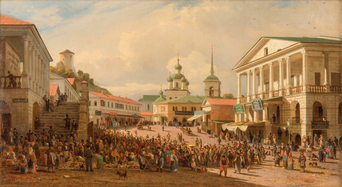 Bazar inferior de Nizhni N'ovgorod, década de 1860, Piotr Vereshchaguin.