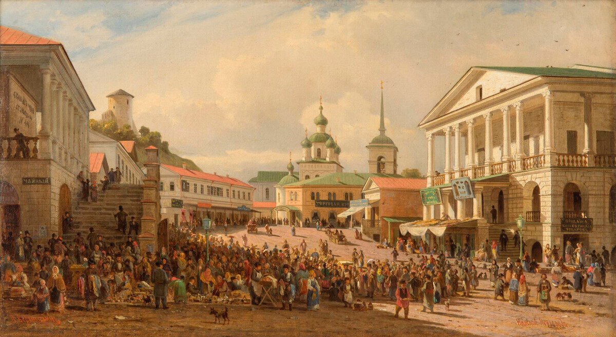 Piotr Vereschaguin. Bazar Baixo em Níjni Nôvgorod, década de 1860
