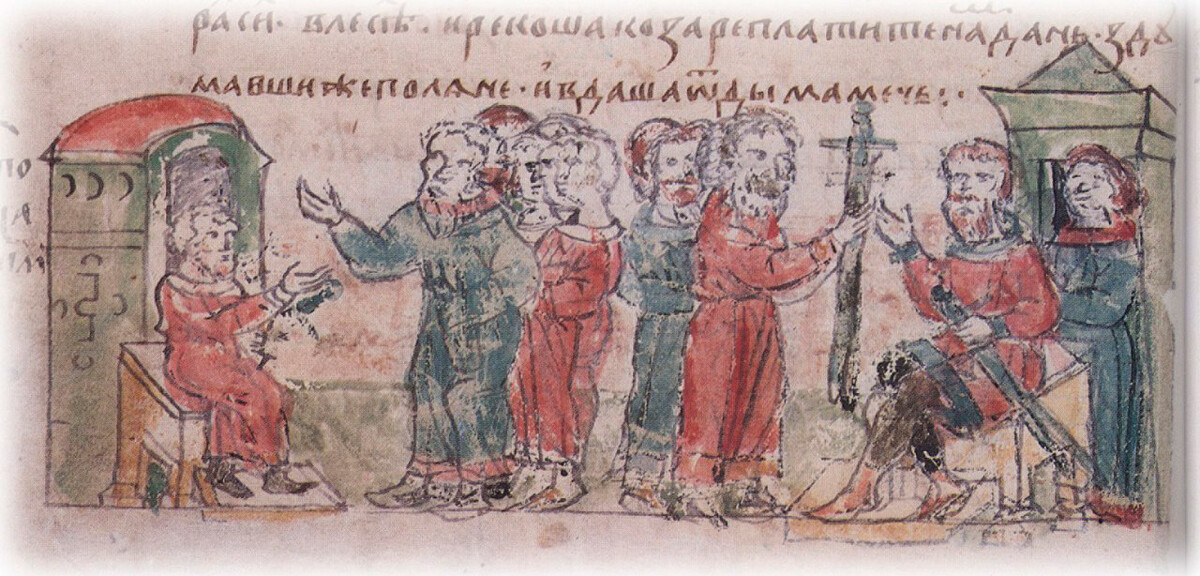 Hazari zahtevajo davek od Polanov; odločitev Polanov, da plačajo z mečem / Radzivilovski Letopis 