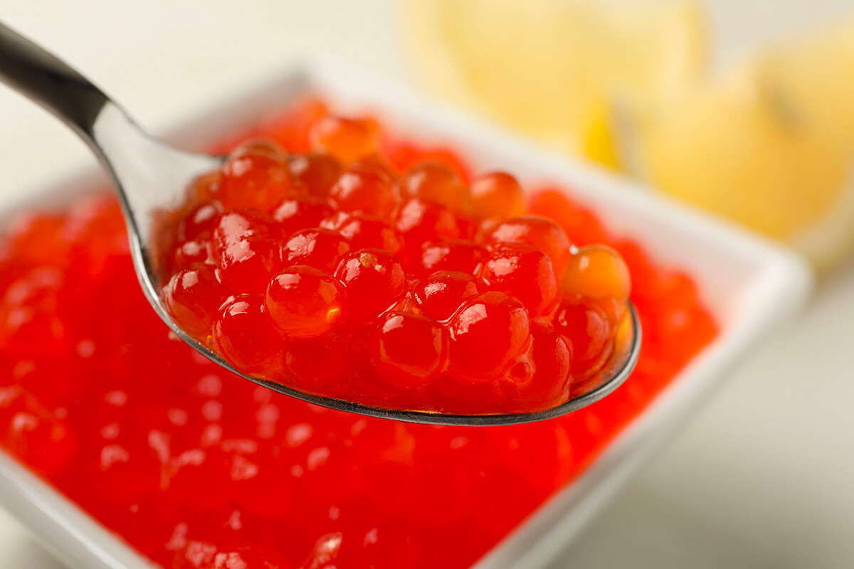 The keta salmon roe is distinguished by its amber or dark orange color.