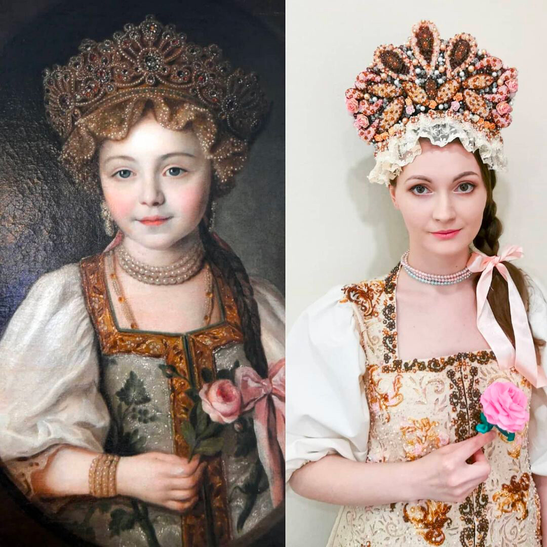 Kokoshnik ini terinspirasi oleh potret Putri Alexandra Pavlovna Romanova.