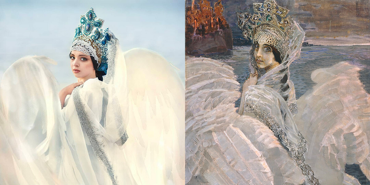 A sinistra, il kokoshnik della “principessa cigno” e l'omonimo dipinto di Mikhail Vrubel a destra
