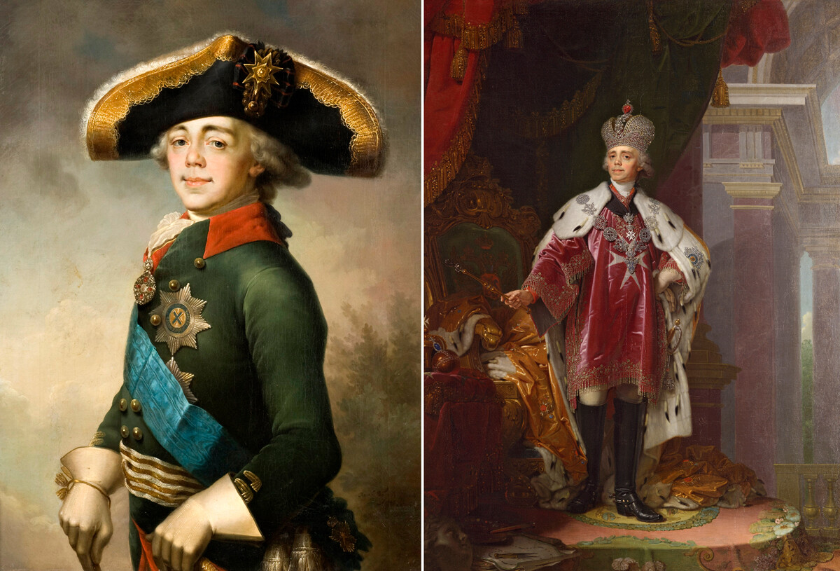 左：パーヴェル1世、1796年、右：戴冠式の衣装をまとったパーヴェル1世、1800年