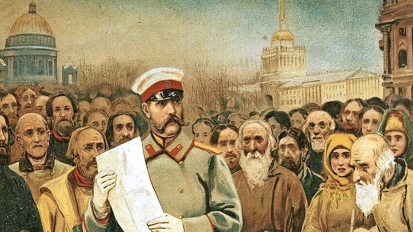 Tsar Aleksandr 2º lendo a ata de emancipação dos servos em 1861, litografia do século 19