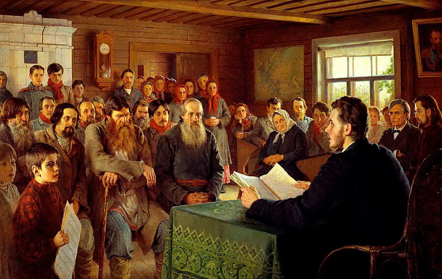 Nikolaj Bogdanov-Belski. Nedeljsko branje v vaški šoli, 1895