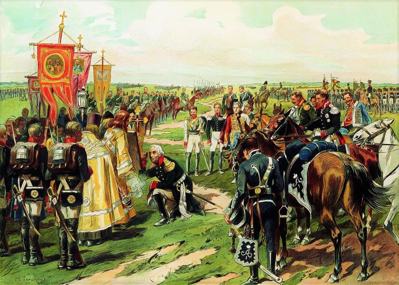Kutuzov antes da Batalha de Borodinó. Litografia colorida baseada no desenho original. Museu Panorama “Batalha de Borodinó”.