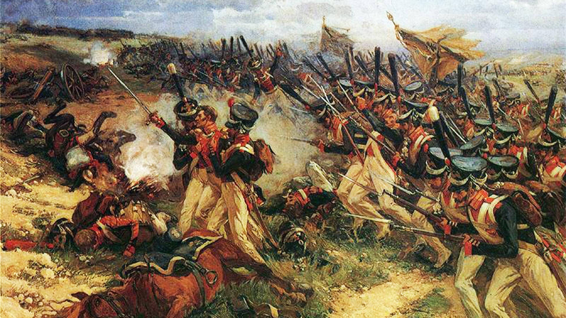 A Batalha de Moscou (ou Batalha de Borodinó) em 1812. Ataque do regimento de Salva-vidas Litovski do 5º corpo (1º exército). O regimento havia perdido neste dia 973 de 1740 homens.