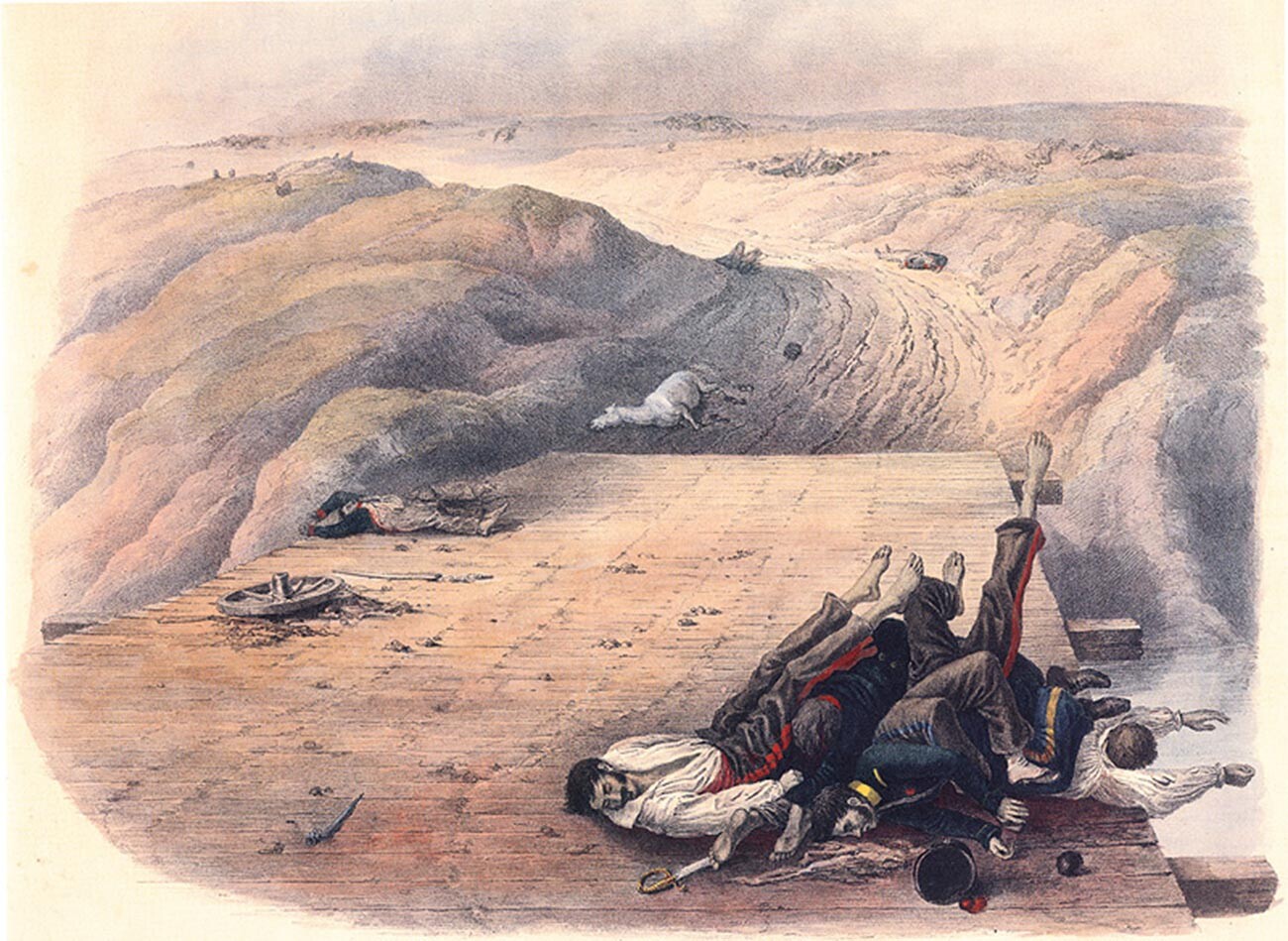 Os corpos de soldados mortos do Grande Exército de Napoleão deixados na ponte sobre o rio Kolocha após a Batalha de Borodinó, 1812. 