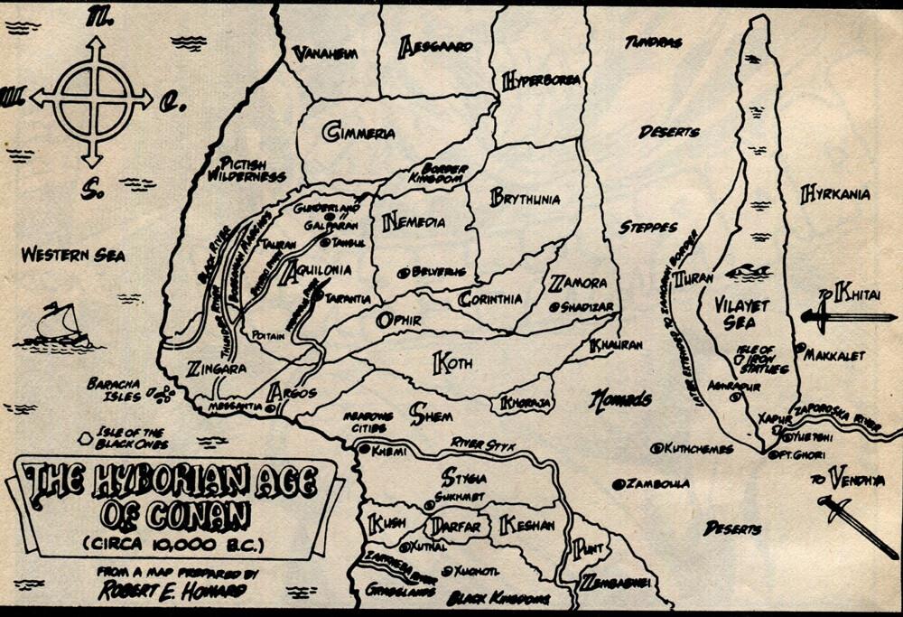 Илюстрация на Хайборийската епоха основно базирана на карта, начертана на ръка от Робърт Е. Хауърд през март 1932 г.