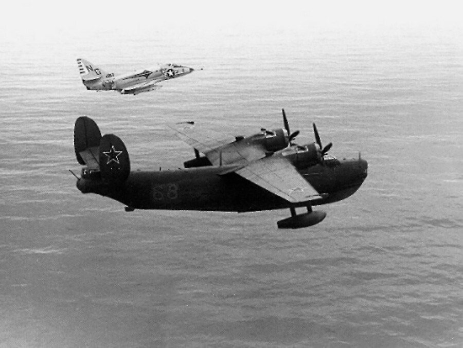 A U.S. Navy Douglas A-4B Skyhawk intercepting a Soviet Navy Beriev Be-6 north of Japan in 1964.