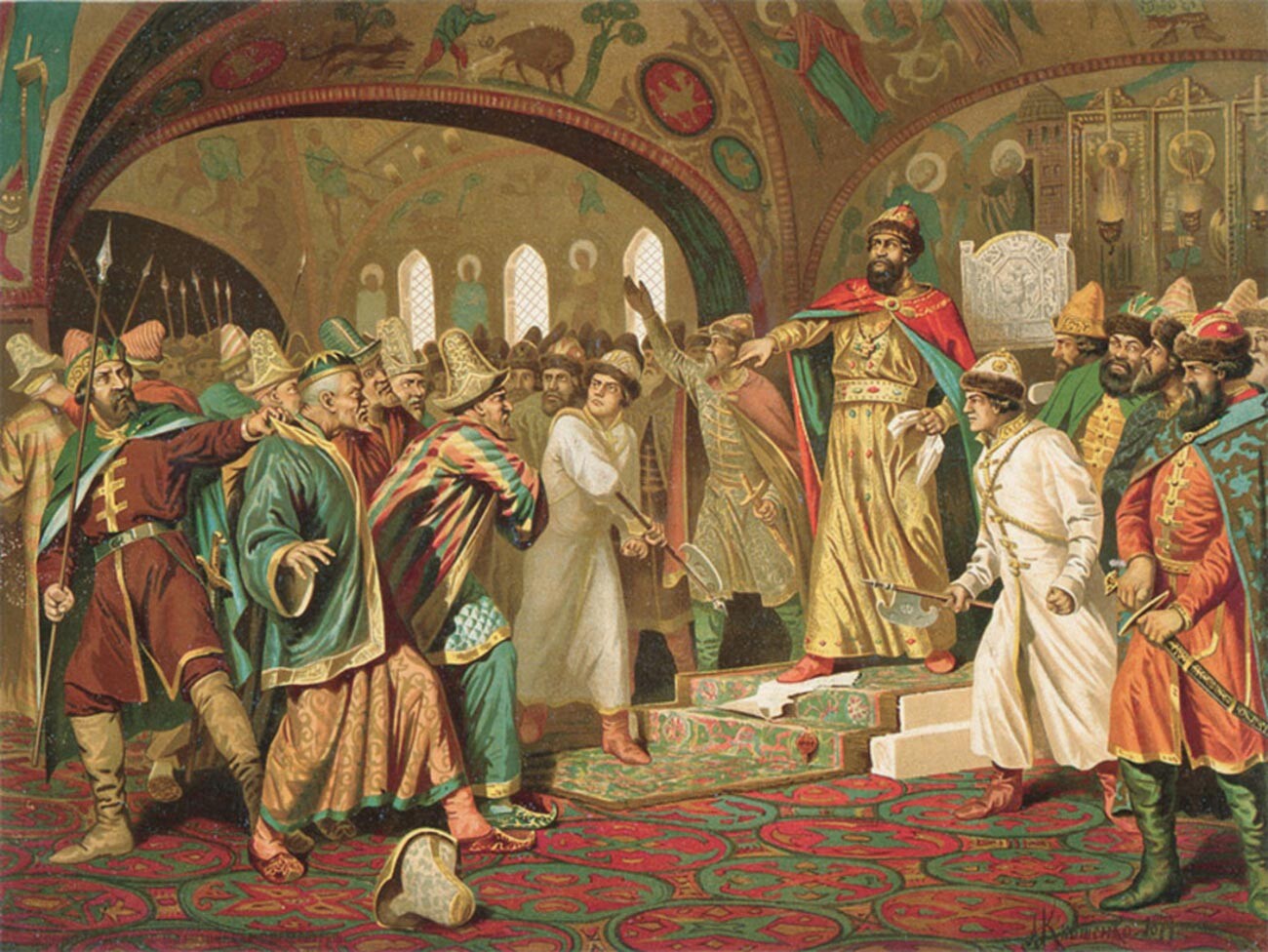 Iwan III. zerreißt den Brief des Khans, in dem derTribut fordert.