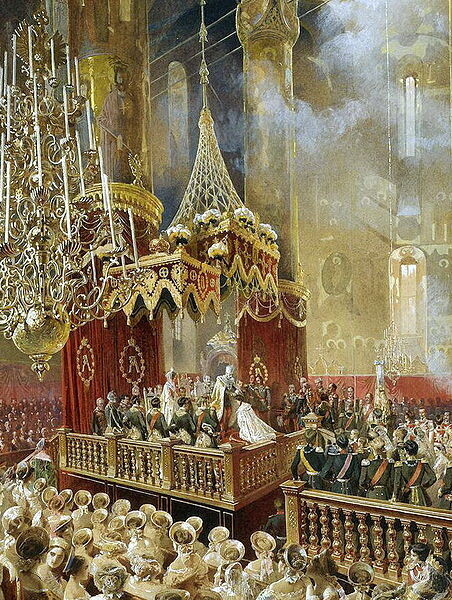 Coroação do tsar Aleksandr 2º em 1856 na Catedral da Dormição do Kremlin de Moscou. A pintura do  húngaro Mihály Zichy representa o momento da coroação em que o tsar coroa sua tsarina