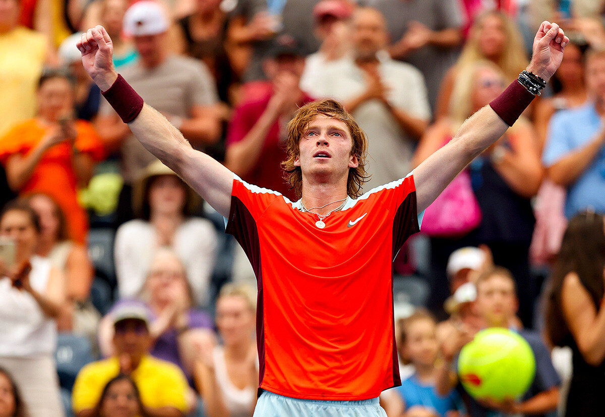 Andrey Rublev celebrates after defeating Cameron Norrie during their Men’s Singles Fourth Round match on Day Eight of the 2022 US Open on September 05, 2022 