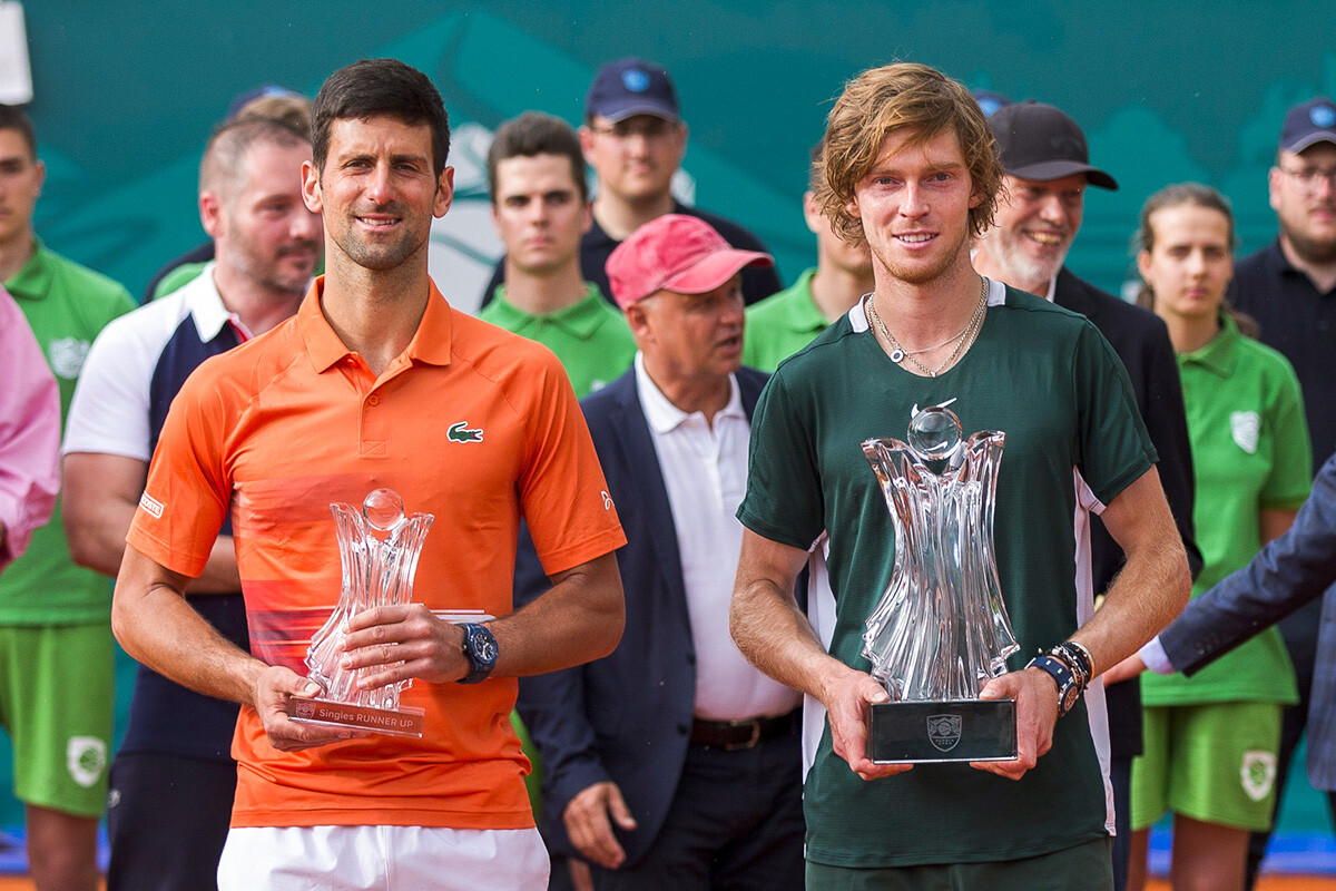 Novak Djokovic and Andrey Rublev posing with the trophy after the Final match of Serbia Open ATP 250 on April 24, 2022 in Belgrade, Serbia