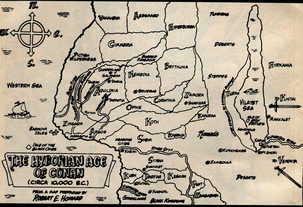 Ilustracija Hyborijske dobe temelji predvsem na zemljevidu, ki ga je marca 1932 ročno narisal Robert E. Howard
