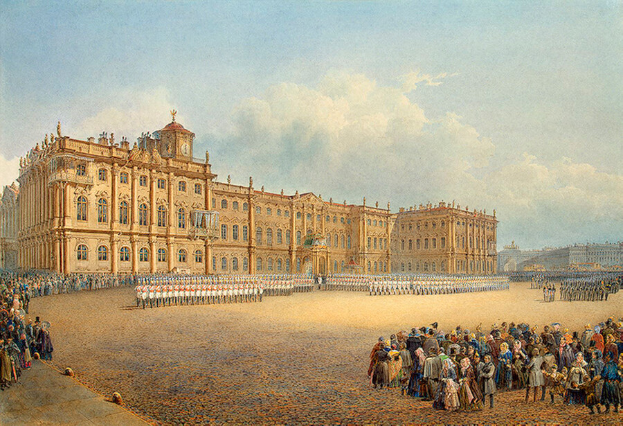 Blick auf den Winterpalast von der Admiralität aus. Die Wachablösung. 1830s. Wassili Sadownikow.
