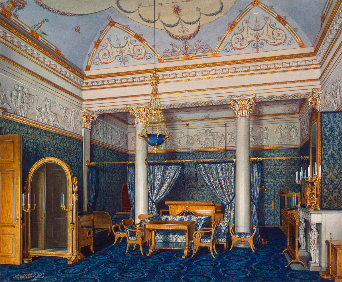 Das Schlafzimmer der Zarin Alexandra Fjodorowna, 1870.Eduard Hau (Gau). 

