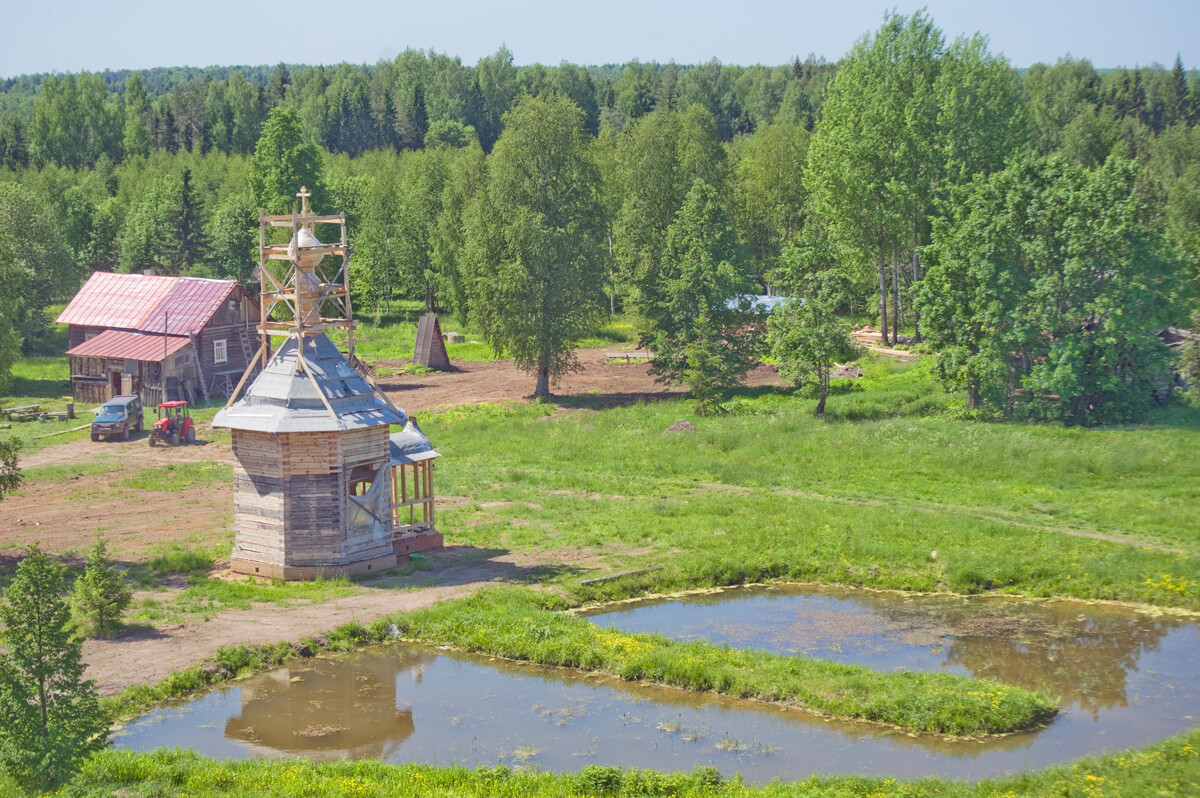 Astashovo. Terem. Southwest view from lookout tower toward park with ponds & log chapel (originally at Golovinskoe village. June 1, 2016
