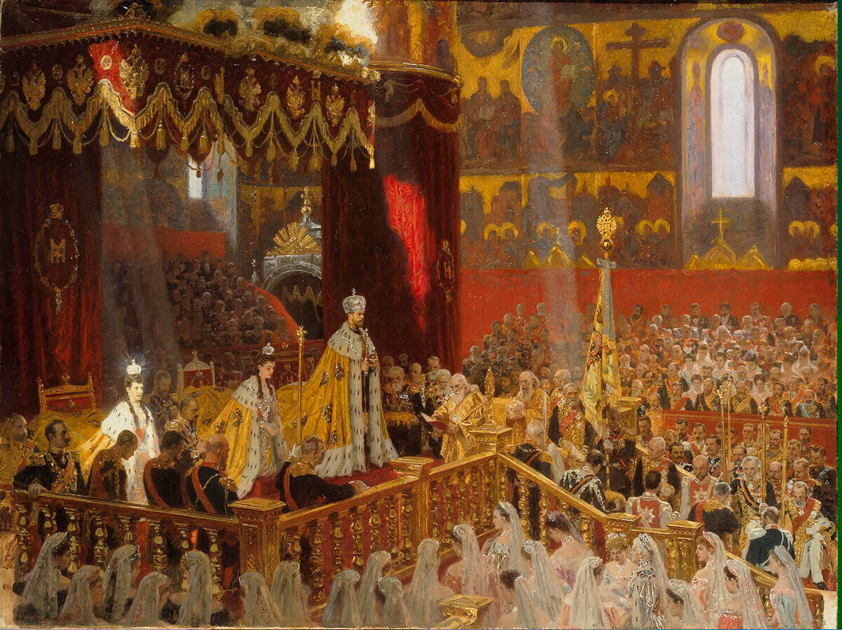Laurits Tuxen. Penobatan Kaisar Nikolay II dan Permaisuri Aleksandra Feodorovna, 1898

