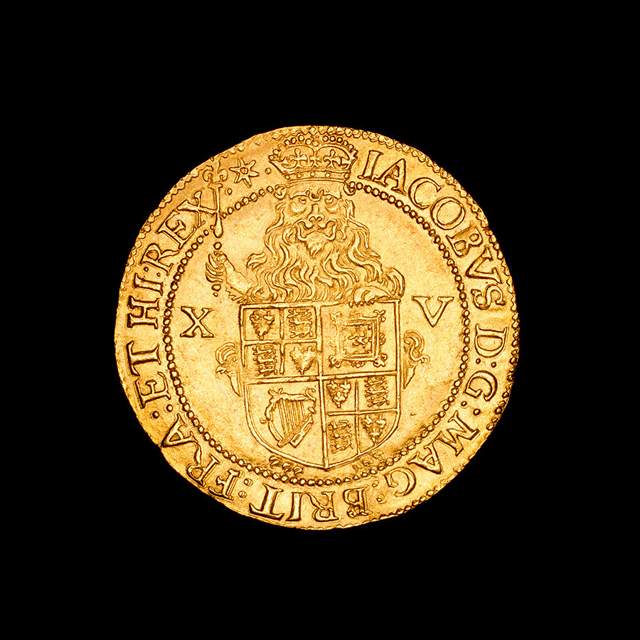 English Hammered Gold Spur Ryal Coin, 15 Shillings, James I. Note the inscription of the monarch's name in the upper left part of the coin: IACOBVS