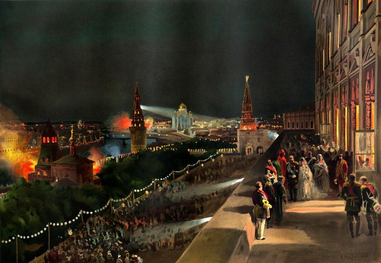 Kremlin iluminado pela Siemens em 1883, durante a cerimônia de coroação de Aleksandr 3º
