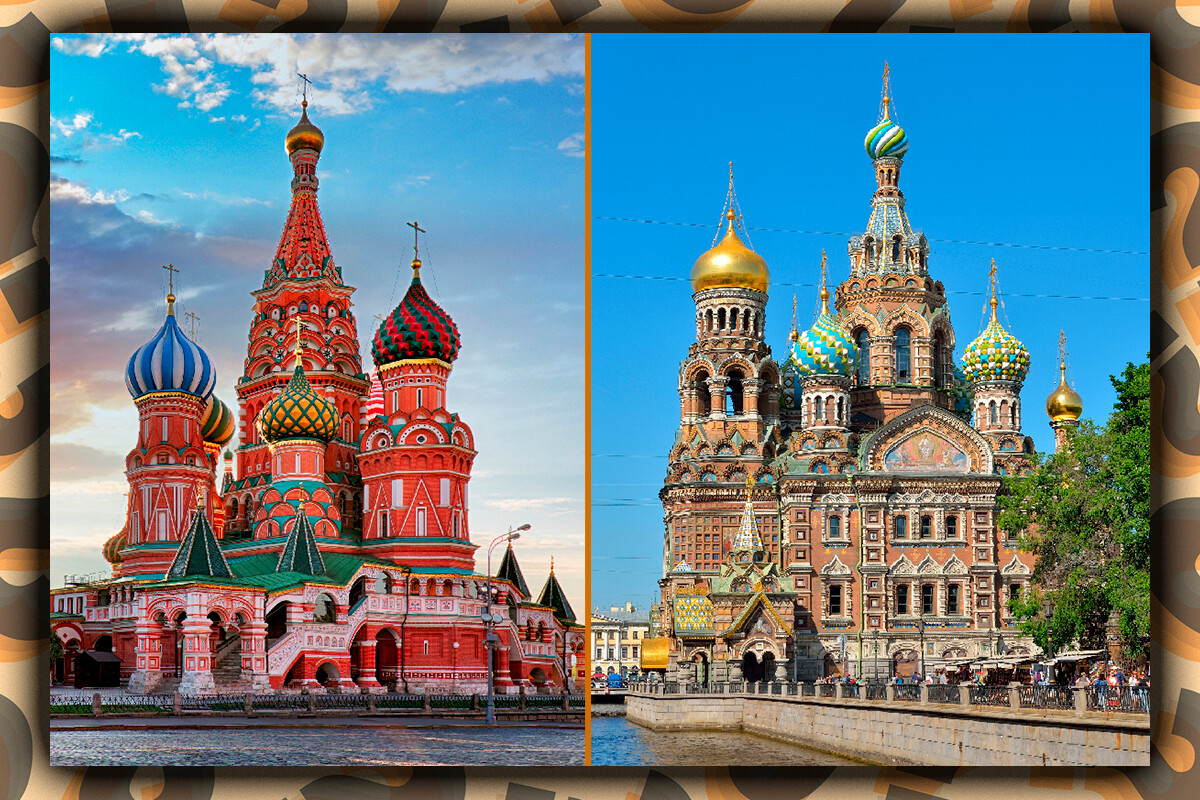 Katedral St. Basil, Moskow (kiri), Katedral Juru Selamat Menumpahkan Darah Sankt Petersburg (kanan)