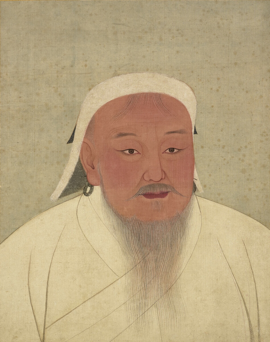 Портрет на Џингис-кан исечен од албумот со портрети на императорите на Монголската династија.

