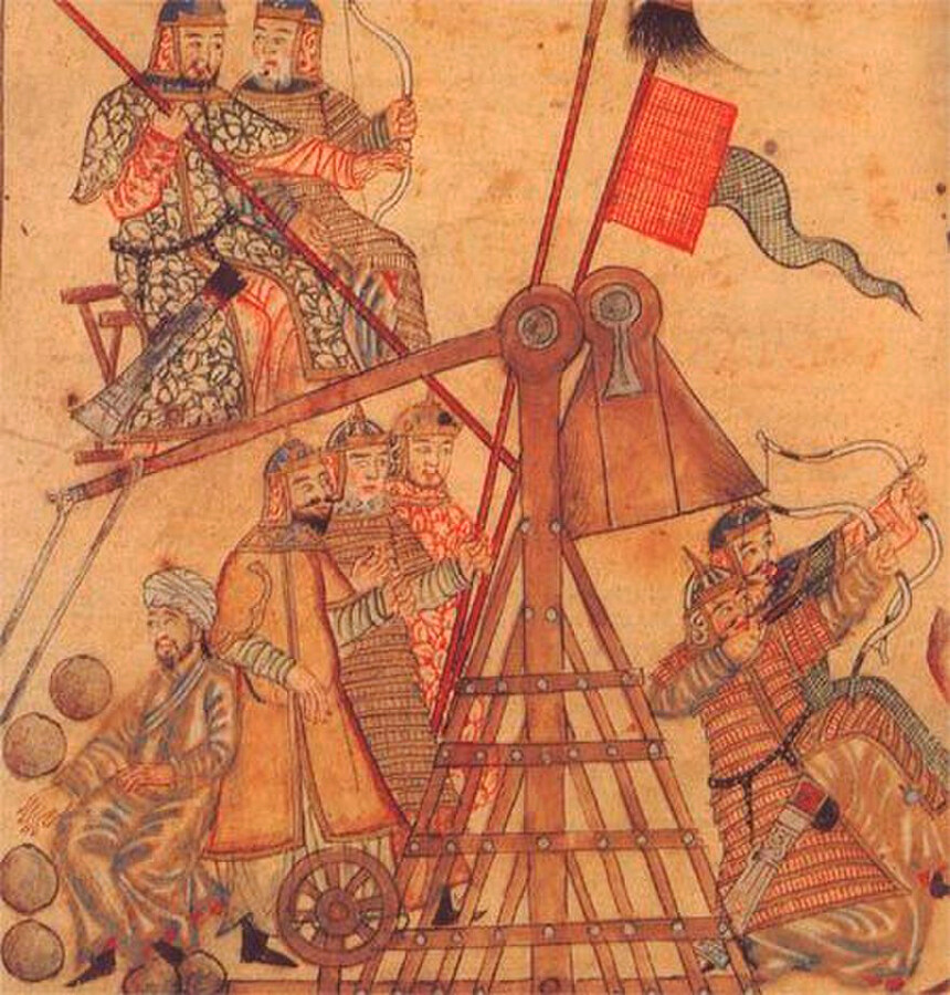 Mongolski vojaki poleg katapulta. Miniatura iz kronike Rašida al-Dina, 1307