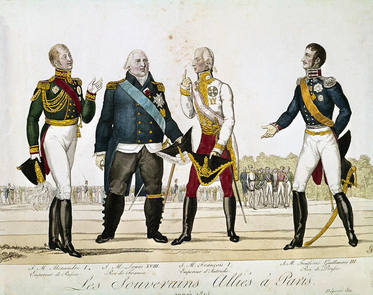 Vladarji, zavezniki Pariza: Aleksander I. ruski, Ludvik XVIII. francoski, Franc I. avstrijski in Friderik Viljem III. pruski, 1815, barvna gravura