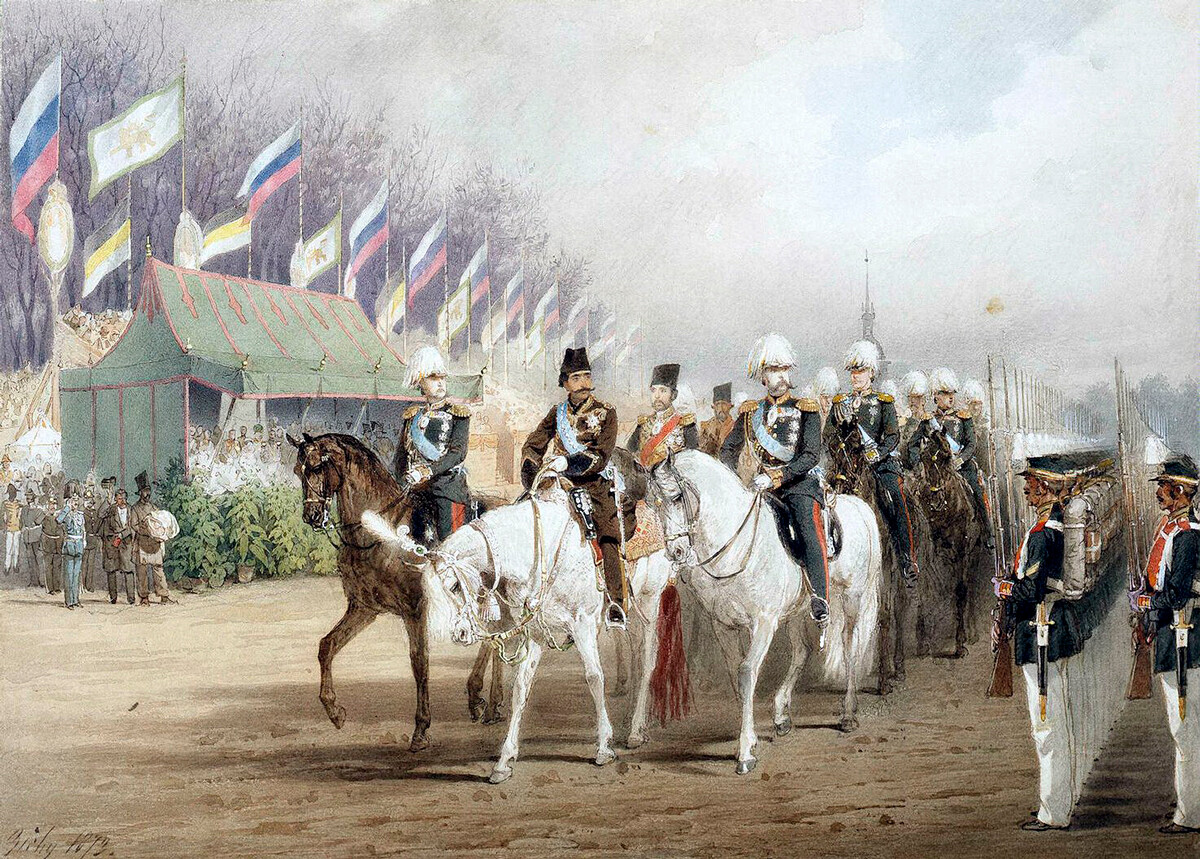 Alexander II. und Schah Nasr ad-Din bei einer Parade auf der Zarizyni-Wiese. 1873.
