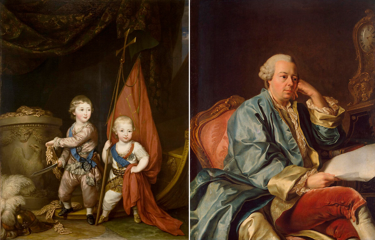 Porträt der Großfürsten Alexander Pawlowitsch und Konstantin Pawlowitsch, 1764, Richard Brompton ; Porträt von Iwan Iwanowitsch Betsky im Morgenmantel, 1776.