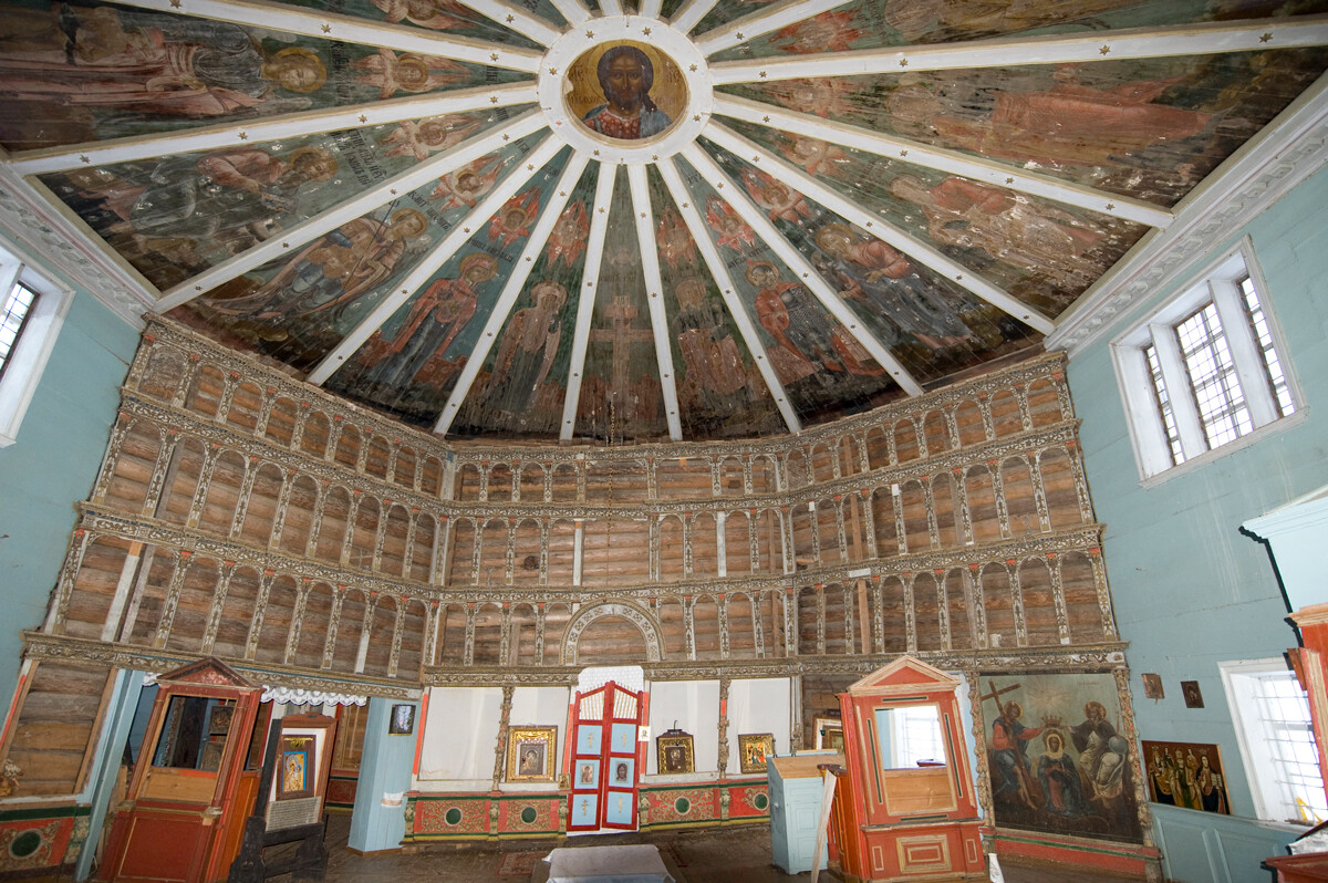 Church of the Epiphany, interior. View east toward icon screen & painted segmented ceiling (nebo) with image of Crucifixion at center. Top row of icons missing. December 27, 2014