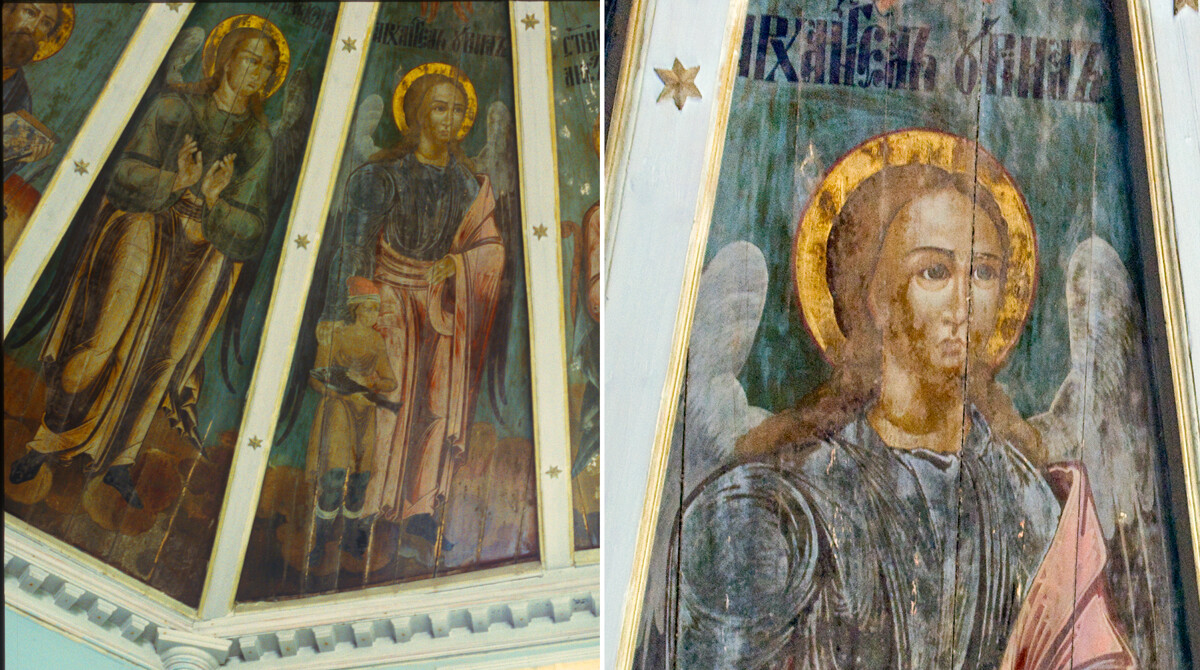 Chiesa dell'Epifania. A sinistra: porzione di soffitto dipinto: Gli arcangeli Selaphiel e Uriel con il bambino Tobias. 18 giugno 1998. A destra: Particolare del soffitto dipinto: Arcangelo Uriel. 14 agosto 2014
